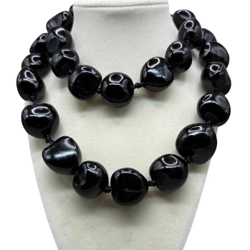 Hawaiian‎ Kukui Nut Lei Necklace Black Shiny 35